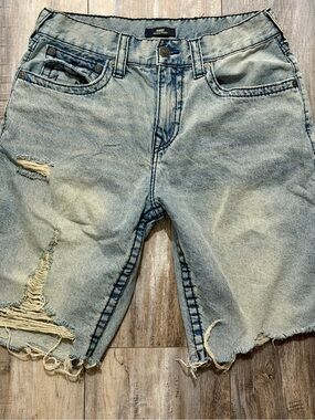 True Religion Light Blue Distressed Denim Shorts